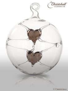 Glaskugel mit 2 Herzen, Silber 